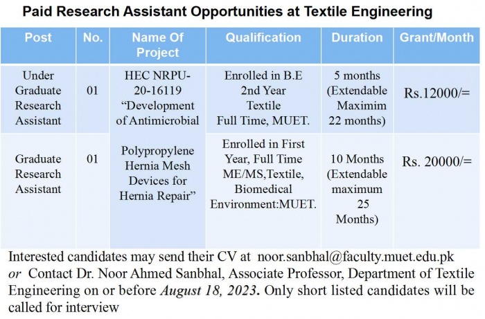 Paid Research Assistant Opportunities at Textile Engineering