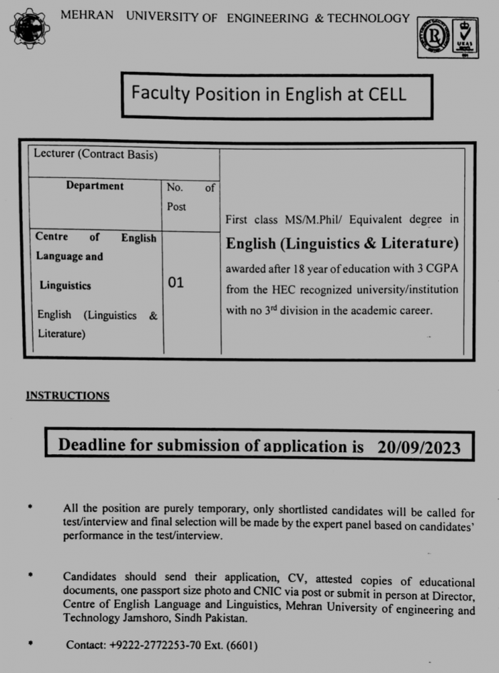 Faculty Position in English at CELL MUET Jamshoro