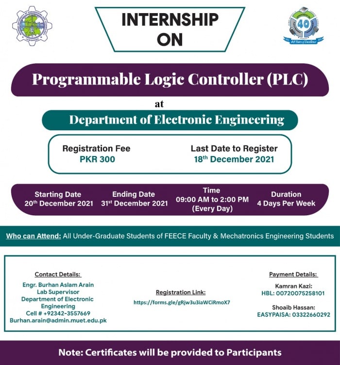 2-Weeks Internship on "Programmable Logic Controller" at Department of Electronic Engineering, starting from 20th December 2021