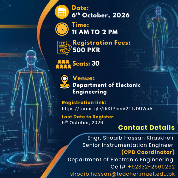 The Department of Electronic Engineering, MUET, in collaboration with ORIC MUET, is organizing a seminar on: “2D Human Pose Estimation Using OpenPose Toolbox”